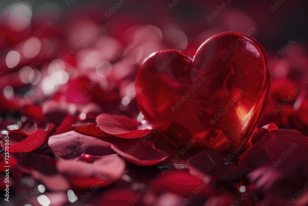A close up view of a red heart surrounded by delicate petals. This image can be used to symbolize love, romance, Valentine's Day, or heartfelt emotions. A close up view of a red heart surrounded by delicate petals. This image can be used to symbolize love, romance, Valentine's Day, or heartfelt emotions.