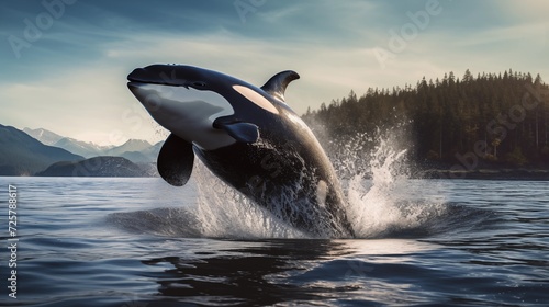 Powerful images of majestic orcas gracefully swimming in open ocean waters, showcasing their strength and elegance in their natural habitat