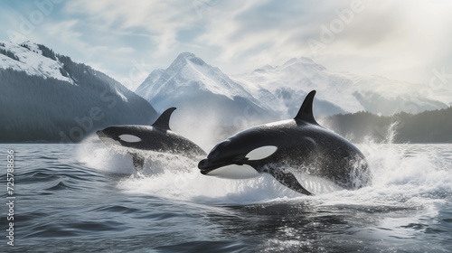 Powerful images of majestic orcas gracefully swimming in open ocean waters, showcasing their strength and elegance in their natural habitat © Abdul