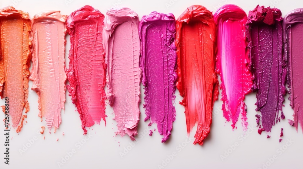 Top-view image featuring isolated pastel lipstick smears on a white background, copy space for text