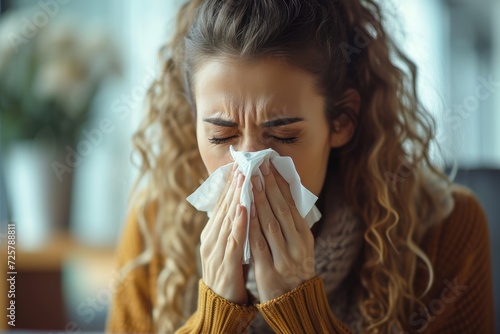 A vulnerable woman, with disheveled hair and tears streaming down her face, struggles to compose herself as she blows her nose in the solitude of her room