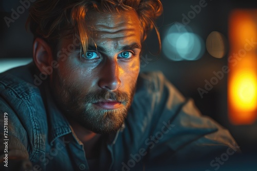 A striking portrait of a rugged man with piercing blue eyes and a full beard, his face captured in an intense screenshot against an indoor backdrop, his raised eyebrow adding an air of mystery and in