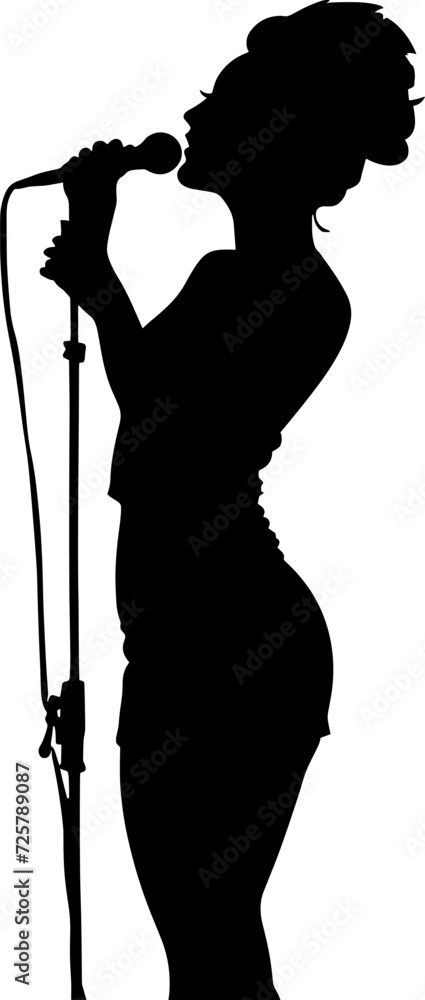 Vector illustration of black silhouette of a dancing girl singing with a microphone. Isolated on white background. Woman singer in concert. AI generated illustration.