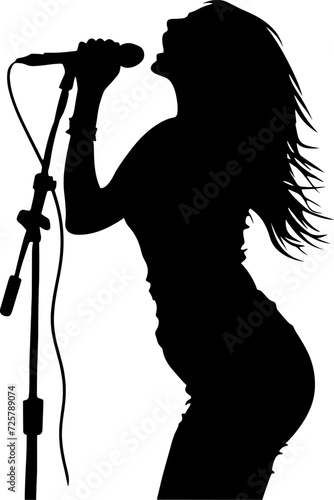 Vector illustration of black silhouette of a dancing girl singing with a microphone. Isolated on white background. Woman singer in concert. AI generated illustration.
