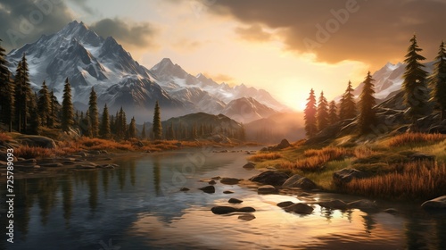 The golden hues of sunrise reflecting on the calm surface of alpine lakes, surrounded by snow-capped peaks and pristine wilderness
