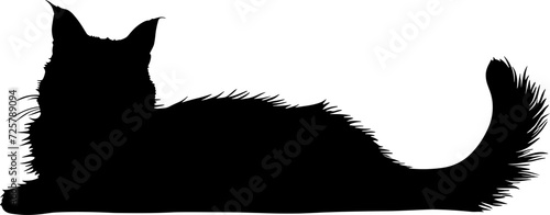 Cute lazy black cat lay on ground vector silhouette illustration isolated on white background. Lovely pet. Kitty laying down on floor. AI generated illustration.