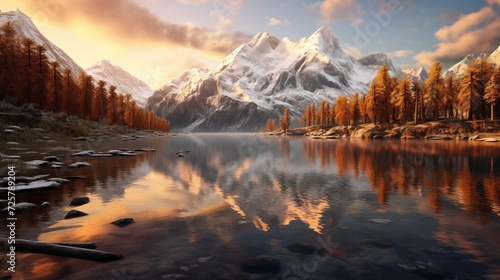  The golden hues of sunrise reflecting on the calm surface of alpine lakes, surrounded by snow-capped peaks and pristine wilderness