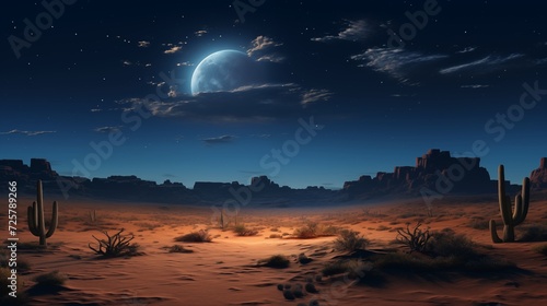  The moon casting an ethereal glow on desert dunes, with iconic cacti silhouetted against the night sky © Abdul