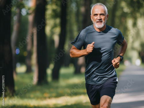 happy middle-aged man exercising, running in the park, living a healthy lifestyle