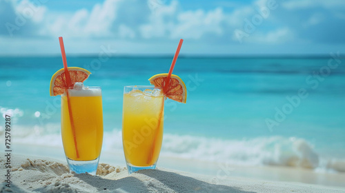 Tropical Cocktails: A medium shot of people enjoying tropical cocktails on the beach, with the refreshing beverages complementing the vibrant blue tides and white sands, medium sho