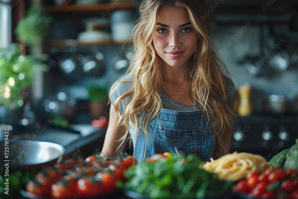 A fashion-forward woman confidently showcases a spread of colorful local foods, including juicy tomatoes and fresh vegetables, in her stylish kitchen