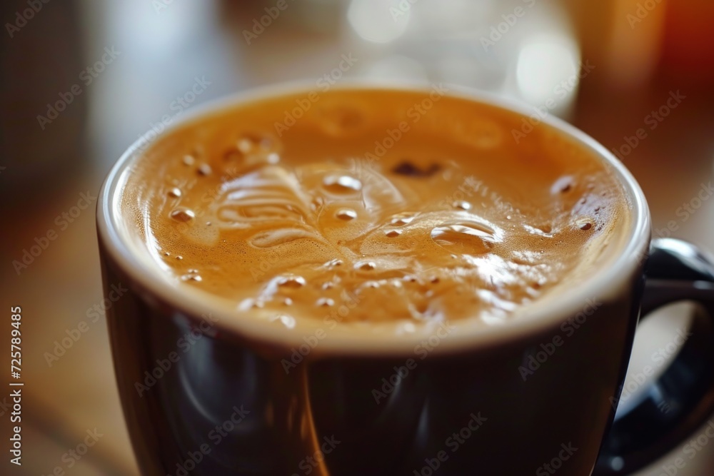 A close-up view of a cup of coffee sitting on a table. Perfect for illustrating coffee break or cozy cafe scenes A close-up view of a cup of coffee sitting on a table. Perfect for illustrating coffee break or cozy cafe scenes