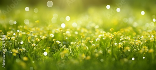 Bright light spring bokeh background with green meadow and flowers, copy space