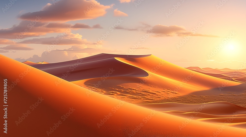 Warm golden-hour sunlight casting a magical glow on expansive desert dunes, highlighting the ever-shifting patterns created by the wind