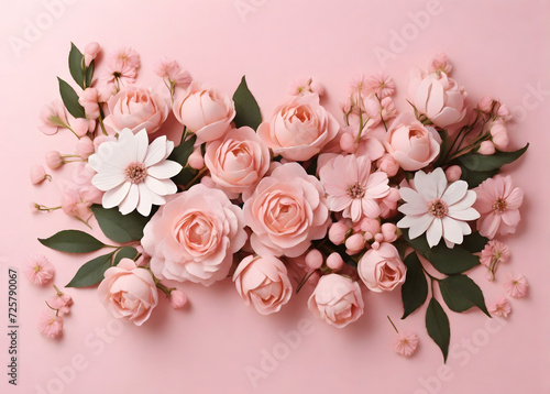 Banner with flowers on light pink background. Greeting card template for Wedding  mothers or womans day. Springtime composition with copy space. Flat lay style