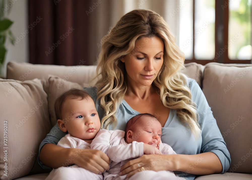 Portrait beautiful mother breastfeeding newborn baby son on sofa Portrait beautiful mother breastfeeding newborn baby son on sofa
