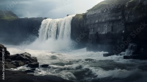 A waterfall cascading off a dramatic cliff into the ocean