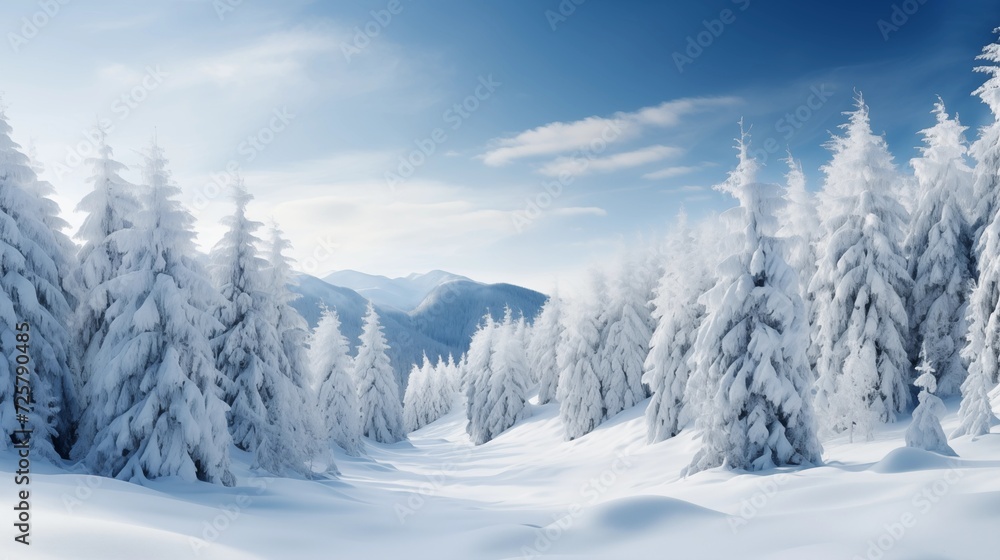 A winter landscape featuring snow-covered evergreen trees, with a pristine blanket of snow