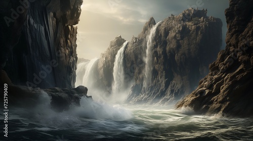 A waterfall cascading off a dramatic cliff into the ocean
