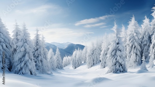 A winter landscape featuring snow-covered evergreen trees, with a pristine blanket of snow © Abdul