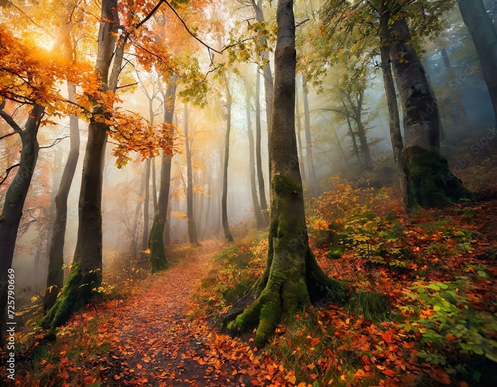 Atmosphärische Szene eines Waldes im Herbst mit leuchtenden Blättern und Nebel