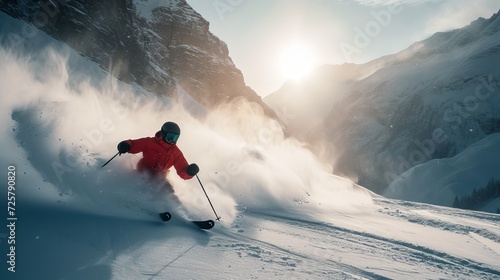 skier going down a snowy slope spraying snow behind him