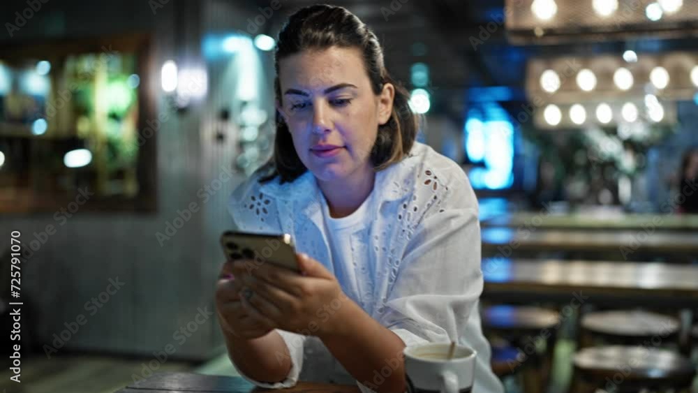 Beautiful young hispanic woman using smartphone smiling at cafeteria Beautiful young hispanic woman using smartphone smiling at cafeteria