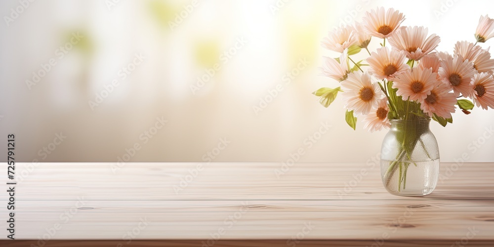 Flowers on wooden table in bright room. Flowers on wooden table in bright room.