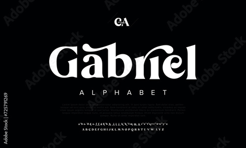 Gabriel premium luxury elegant alphabet letters and numbers. Elegant wedding typography classic serif font decorative vintage retro. Creative vector illustration 