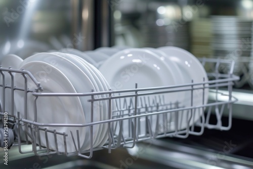 A bunch of white plates neatly arranged in a dishwasher. Perfect for showcasing kitchenware or household cleaning concepts