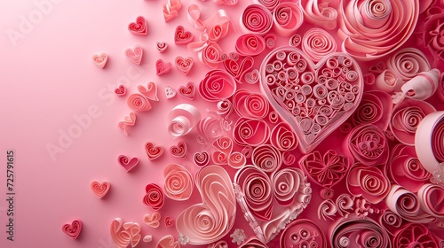 Pink Valentine's Day banner with paper quilling hearts. Love template background with space for text.
