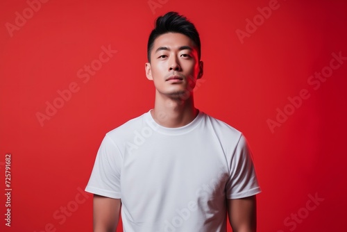 young Asian man wearing a white blank t shirt on a bold red background