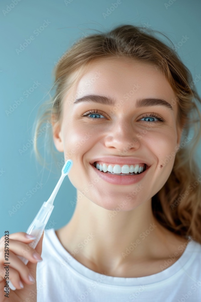 A woman holding a toothbrush and smiling. Perfect for dental hygiene and oral care promotions A woman holding a toothbrush and smiling. Perfect for dental hygiene and oral care promotions