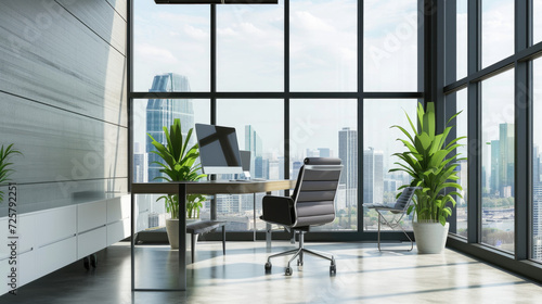 Sunny modern office interior embracing biophilic design, with large windows, wooden elements, and indoor plants enhancing the work environment.