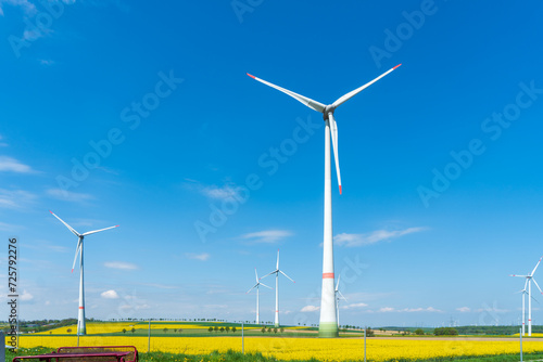 Wind turbines in the field with copy space and blue sky 