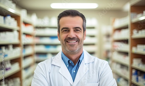 A man in a lab coat standing in front of a pharmacy shelf © uhdenis