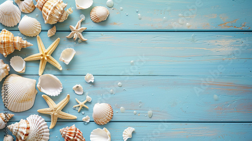 Soothing Coastal Palette: A soothing beach concept with a carefully curated palette of sea shells and starfish on a blue wooden background, creating a calming visual experience ins photo