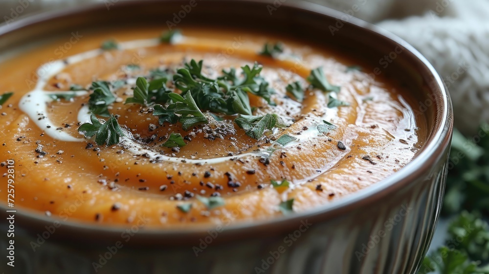 Creamy Soup, Close-Up, Bowl, Swirl, Smooth Texture, Comfort, Warmth Creamy Soup, Close-Up, Bowl, Swirl, Smooth Texture, Comfort, Warmth