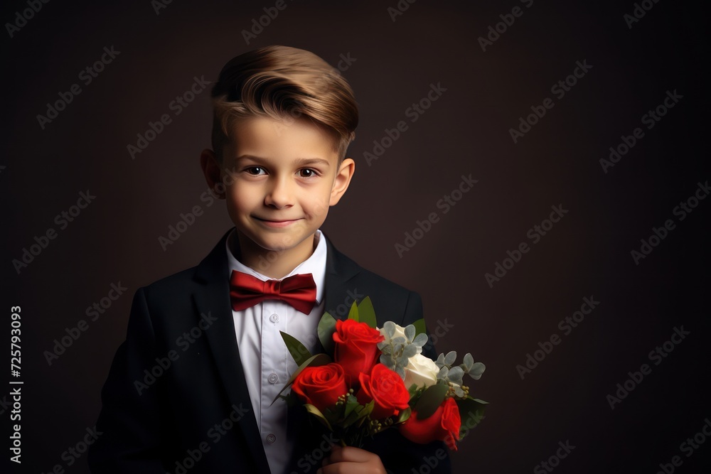 Adorable boy embraces a bouquet, showcasing innocence and floral elegance,dark background with space for text. Adorable boy embraces a bouquet, showcasing innocence and floral elegance,dark background with space for text.