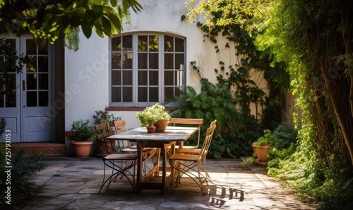 A patio with a table and chairs and potted plants