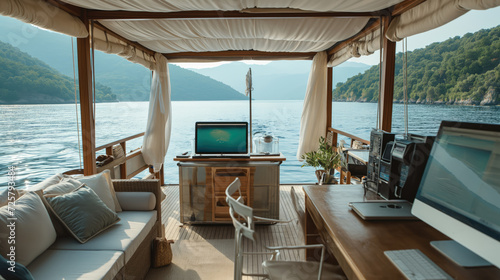 Serene Waters Workstation  Embrace Remote Work Bliss with Flexible Collaboration and Work-Life Balance on a Boat