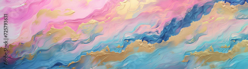 Abstract acrylic oil paint ink painted waves painting texture colorful background banner panorama long illustration - Blue pink gold color swirls waves.