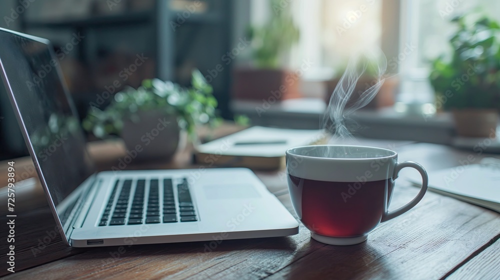 Efficient Remote Work Setup: Laptop, Notebook, and Steaming Tea for Optimal Productivity and Work-Life Balance Efficient Remote Work Setup: Laptop, Notebook, and Steaming Tea for Optimal Productivity and Work-Life Balance