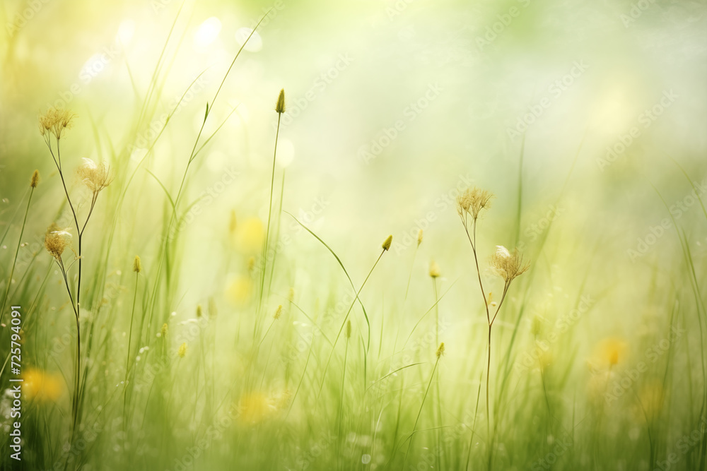 Ethereal green meadow with delicate flowers. Beautiful spring background