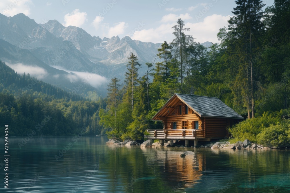 Fototapeta premium A small cabin located on the serene shore of a picturesque lake. Perfect for nature lovers and those seeking a peaceful getaway