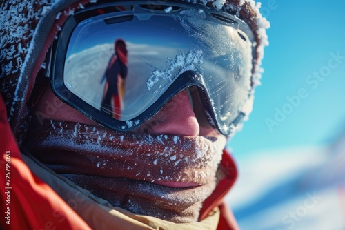 A man wearing goggles and a red jacket. Suitable for outdoor activities and sports