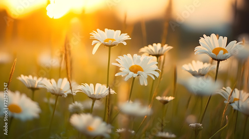 The landscape of field is filled with white daisies, the setting sun casting its glow upon them , The grassy meadow is a blur, giving off a warm golden hue during sunrise and sunset  © YOUCEF