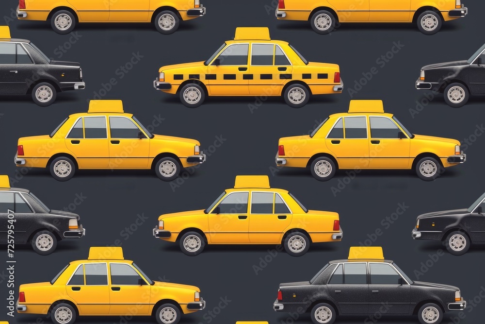 A cluster of yellow taxi cabs parked closely together. Suitable for transportation-themed designs