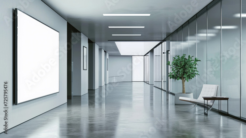 Spacious and bright modern office interior with a large blank billboard ready for advertising  featuring floor-to-ceiling windows and city views.