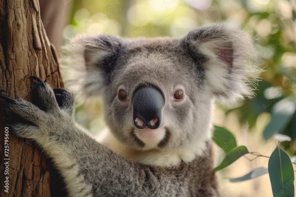 Obraz premium Close-up photograph of a koala resting on a tree. This image can be used to depict wildlife, nature, or Australian wildlife